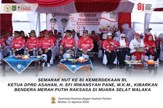 SEMARAK HUT KE 81 KEMERDEKAAN RI, KETUA DPRD ASAHAN, H. EFI IRWANSYAH PANE, M.K.M., KIBARKAN BENDERA MERAH PUTIH RAKSASA DI MUARA SELAT MALAKA